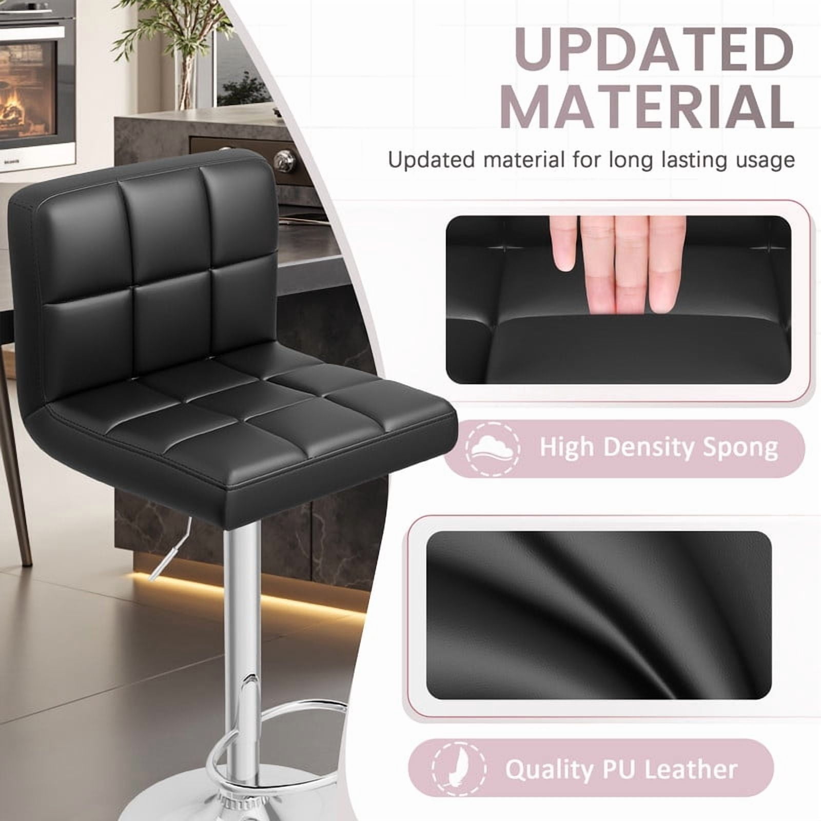 Homall Bar Stools Set of 2 Modern PU Leather Hydraulic Kitchen Counter Square Island Height Adjustable Swivel Barstool with Back, Black