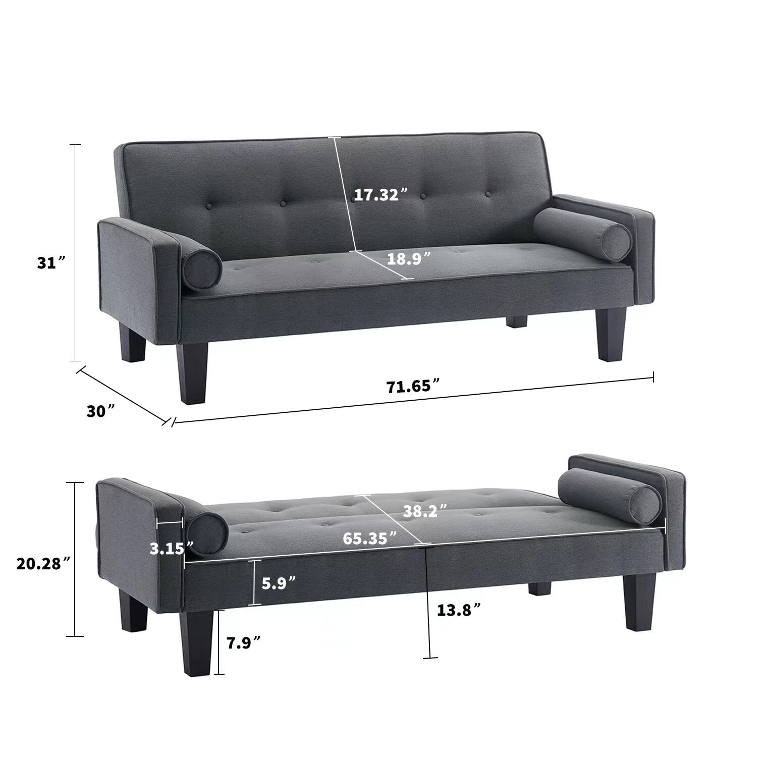 Bianlte Convertible Futon Sofa Bed,Upholstered Futon Couch Fabric Sleeper Sofa with Pillows for Living Room,Gray