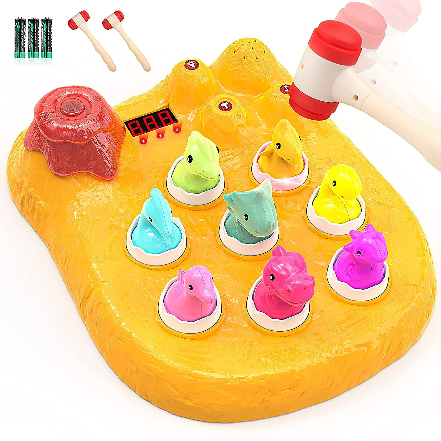 Allaugh Whack A Mole Game for Toddlers, Dinosaur Hammer Sensory Toys Kids Interactive Educational Toys with Sound and Light, Yellow