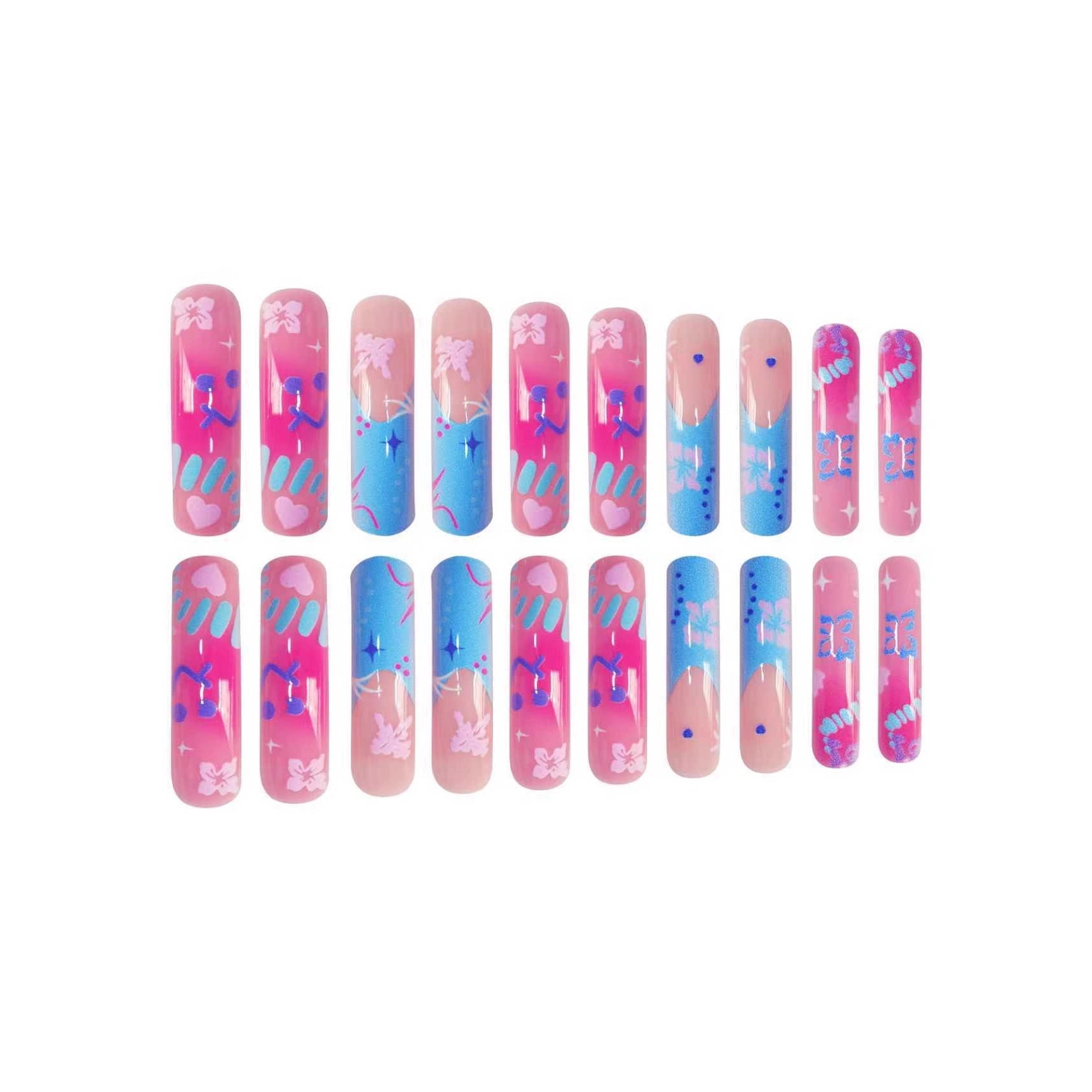 Cross-border hot sale curved nail long sweet cool blue cute flowers simple fashion wearing nail piece finished product wholesale