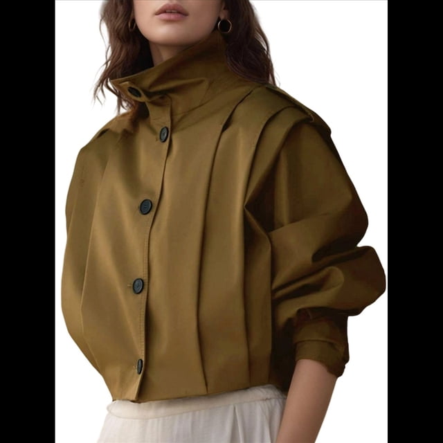 Chaqueta Plisada de Larga con Cuello y Botones para Mujer, Gabardina Corta Informal para y Otoño. Color Oliva L
