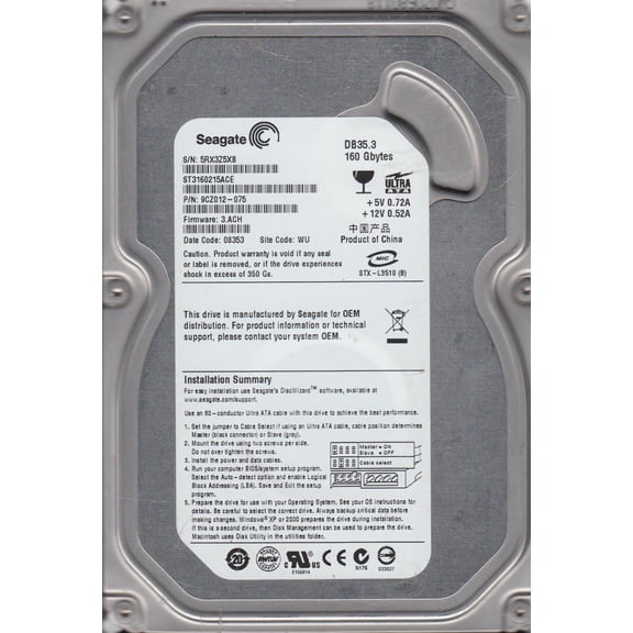 ST3160215ACE, 5RX, WU, PN 9CZ012-075, FW 3.ACH, Seagate 160GB IDE 3.5 Hard Drive