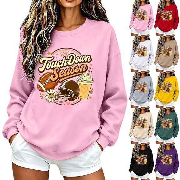 YVNAURA Womens Funny Football Letter Graphic Sweatshirt Game Day Fan Pullover Long Sleeve Crewneck Casual Tops for Stadium Sunday Football Season Fall Winter, Pink,L