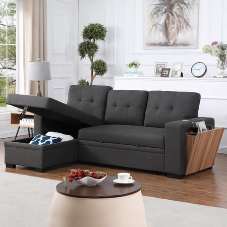 Aukfa 92" Sofa Bed Reversible Sectional Sleeper Sofa with Storage Chaise&Side USB &Cupholder Console for Living Room, Linen, Gray