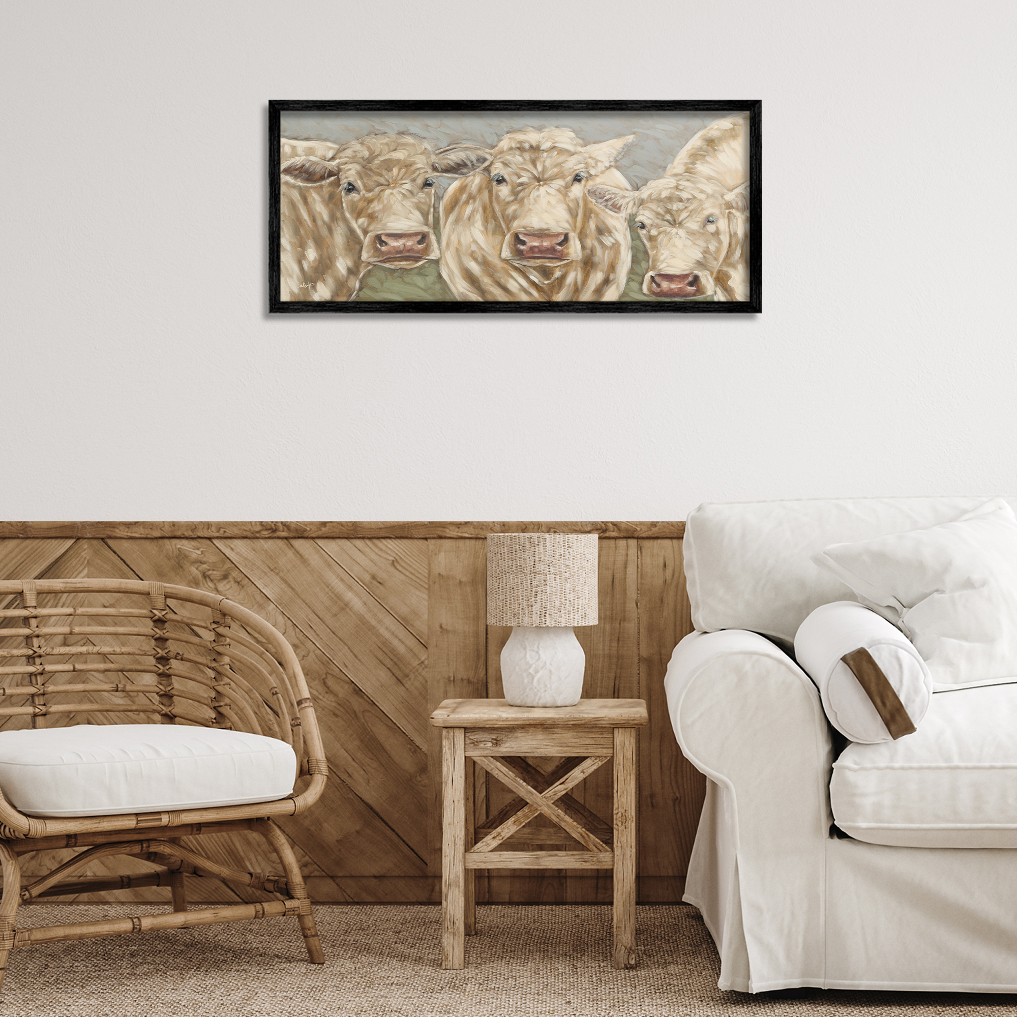 Stupell Industries Beige Cow Trio Animals & Insects Painting Black Framed Art Print Wall Art, 30 x 13
