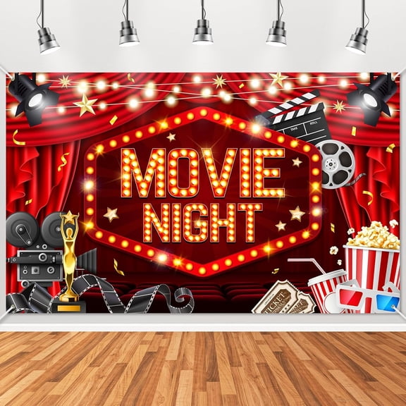 Movie Night Backdrop Banner 6x3.6ft Movie Theme Background Popcorn Awards Night Ceremony Birthday Party Decorations Photo Booth Props