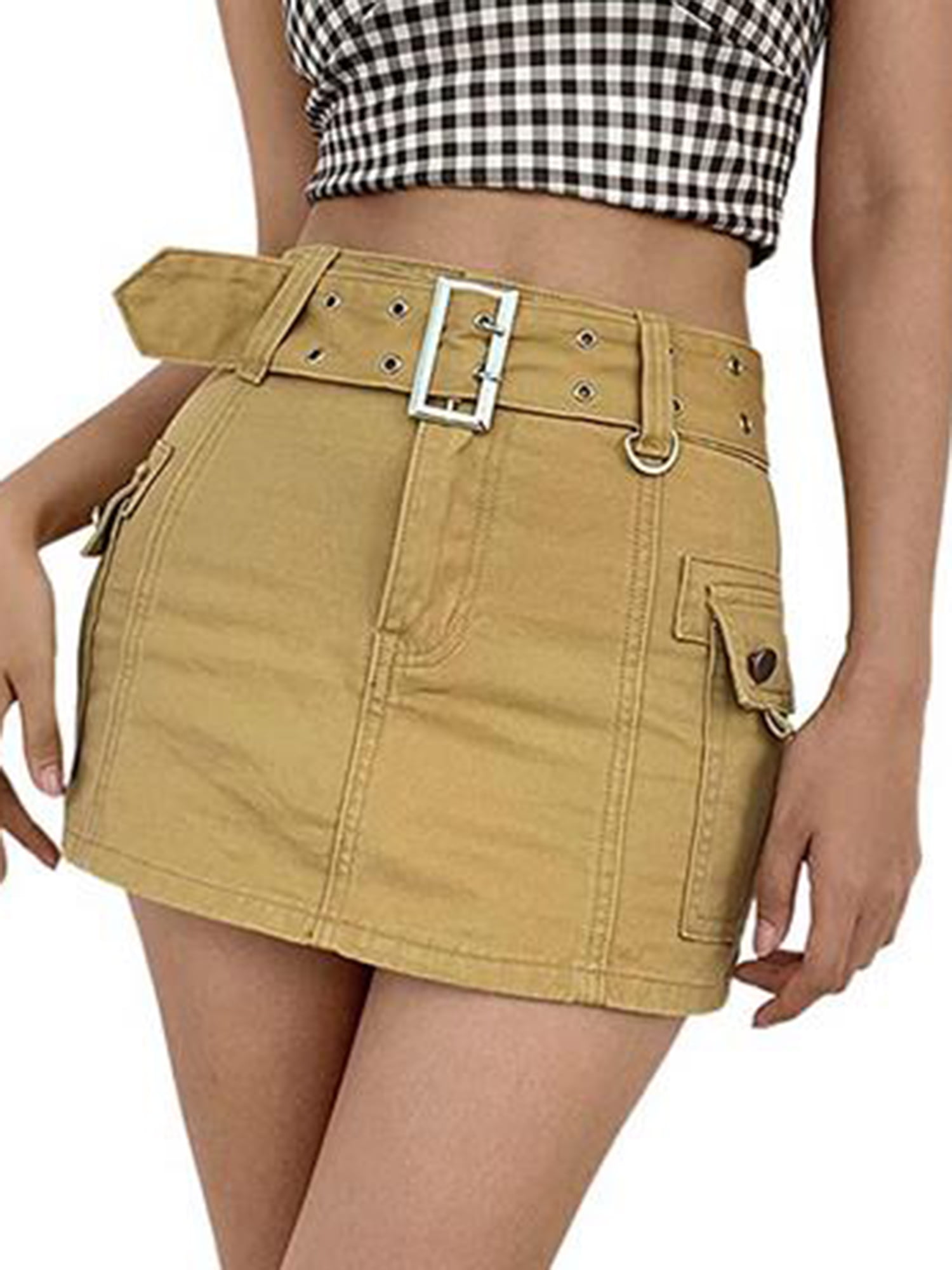 EYIIYE Women's Mid Waist Solid Color Belted Mini Skirt with Flap Pockets  Streetwear - Walmart.com