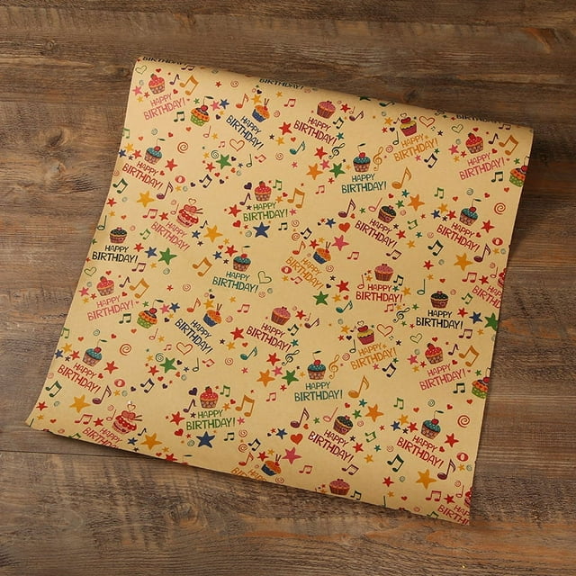 yeacher Creative DIY Birthday Gift Wrap Set - Thick Kraft Paper with Musical Cake Design, Perfect for Parties & Special Occasions