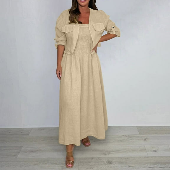 Bzhegqhd Fashion Women Summer Solid Casual 3/4 Sleeve Top Skirt Set with Pockets