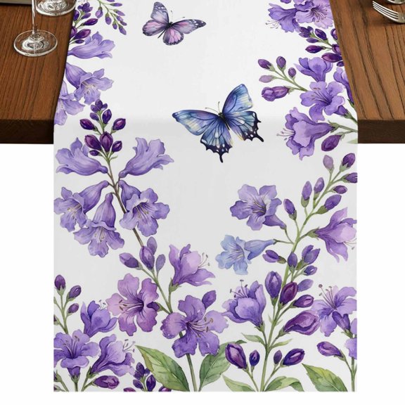 Table Runners 108 Inches Long Dress Scarves, Purple Flowers Farmhouse Coffee/Dining/Kitchen Table Runner for Living Room, Butterfly Spring Floral Watercolor Farmhouse 13x108 Inch