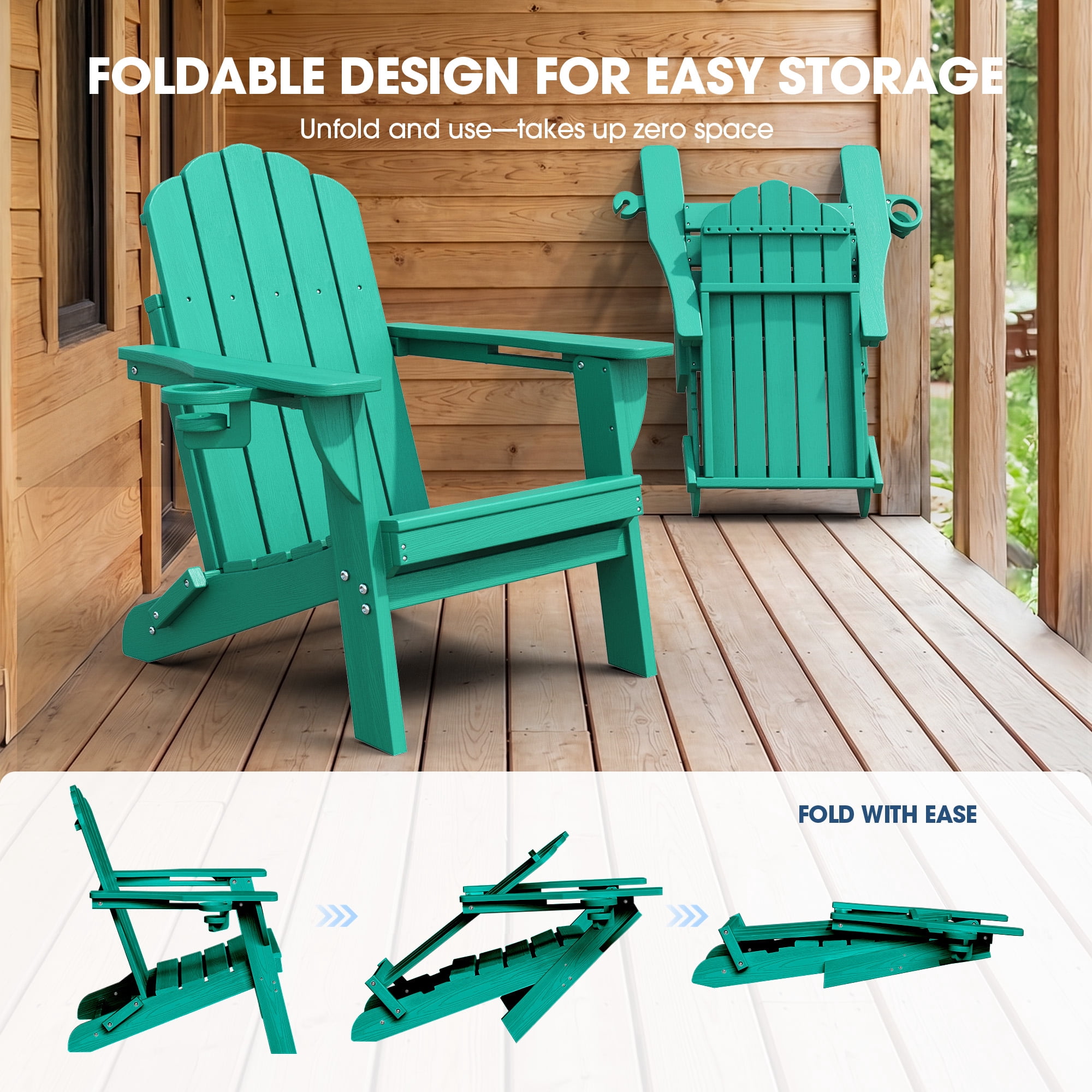 Folding Adirondack Chair, All-Weather HDPE Plastic Patio Fire Pit Chair, Aqua
