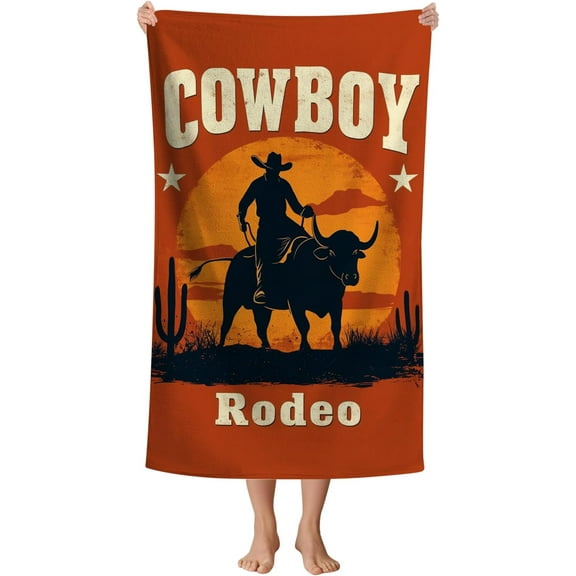 Western Cowboy Beach Towel Funny Orange Rodeo Cowboys Riding A Cow Bull Bath Towel for Kids Adults, Quick Dry Soft Sand Proof Pool Towels Beach Blanket, 32x52 Inch