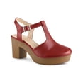 thumbnail image 1 of BLISSFUL STEP Women's Platform T-Strap Block Heels Sandals Solid Round Toe Faux Leather Shoes Red 7, 1 of 5