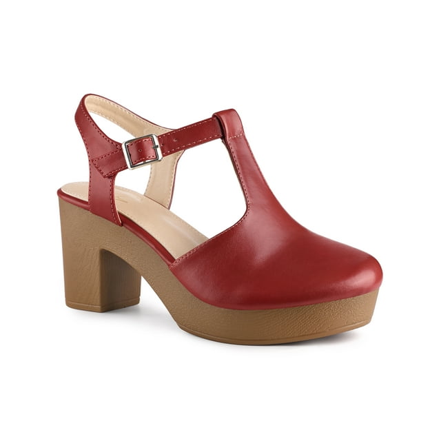 BLISSFUL STEP Sandales à Talons Blocs à Plateforme à Bride en T pour Femmes, Bout Rond Uni, Chaussures en Similicuir Rouges 7