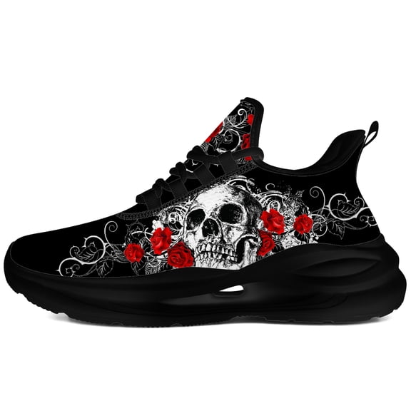 Customuart Skull and Roses Shoes Womens Running Shoes Black Sneakers Size 14.5