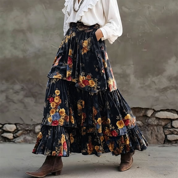 Jsaierl Women's Floral Print Velvet Tiered Maxi Skirt, Elastic Waist A-Line Skirt with Pockets for Fall Winter
