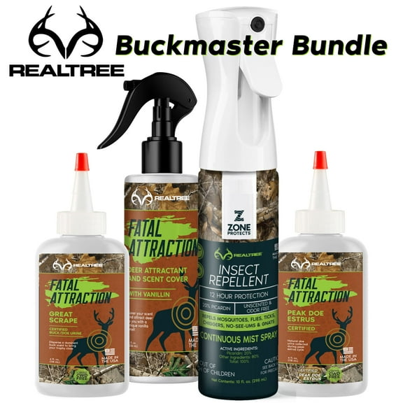 Zone Realtree Buckmaster Bundle; Picaridin Insect Repellent, Peak Doe Estrus, Scrape Enhancer and Vanillin Cover Scent; Protection & Deer Attractants