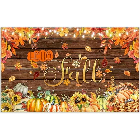 5.9×3.6FT Hello Fall Backdrop Wooden Board Pumpkin Harvest Sunflower Maple Leaves Photography Background Holiday Party Decorations Banner Supplies Photo Booth Props