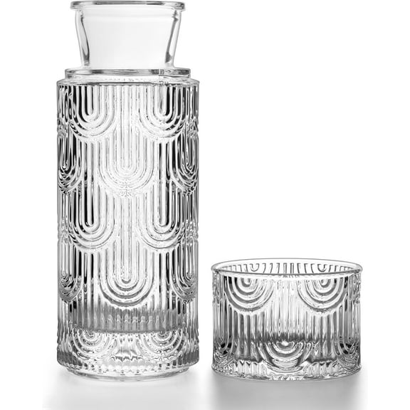 Bedside Water Carafe and Glass Set, Mouthwash Dispenser for Bathroom, 21.6 Oz Glass Water Bottles with 6 Oz Drinking Glass Cup as Lid, Water Pitcher for Nightstand, Kitchen (Clear)