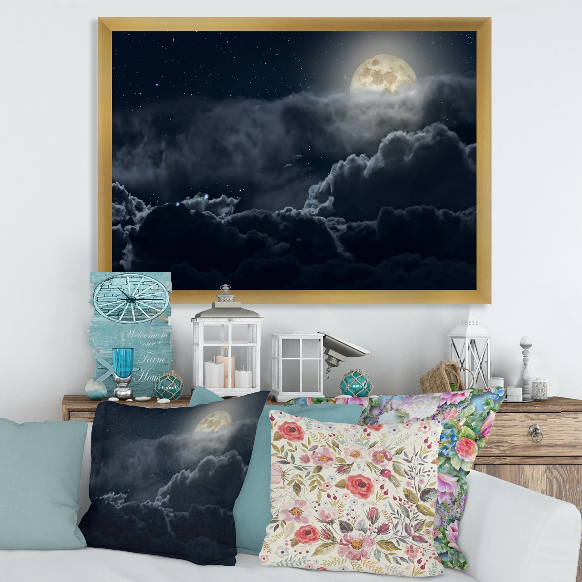Designart 'Cloudy Full Moon Night With Stars' Nautical & Coastal Framed Art Print