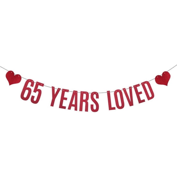 65 YEARS LOVED Banner,Pre-Strung, 65TH 65 Years Old Birthday Party/Wedding Anniversary Party Garlands Bunting Sign Photo Props Backgrounds Decorations Supplies,Letters Red