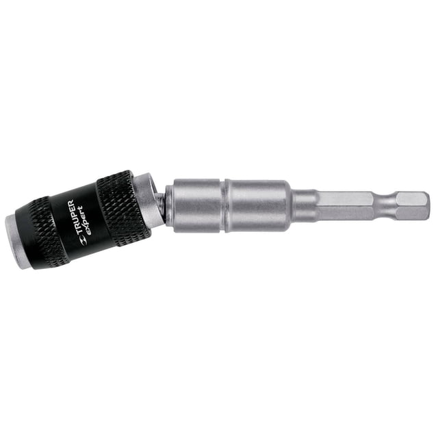 extensión articulada de poder, 90 mm, truper expert expert Extensión magnética articulada de 90 mm con zanco 1/4", cuerpo en acero cromo vanadio color negro y acople plateado; vista lateral centrada que muestra la articulación y la punta hexagonal, logo TRUPER visible; diseñada para lugares de difícil acceso y a menudo usada para atornillar en espacios reducidos.