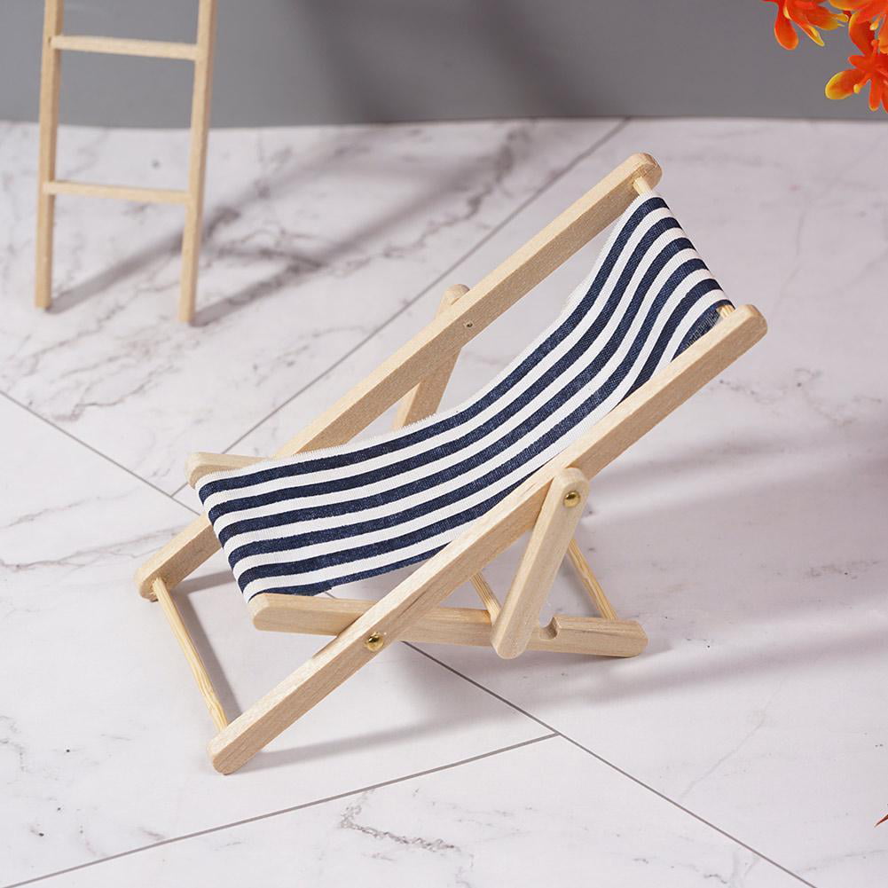 Mini Dollhouse Miniature Garden Beach Furniture Folding Chairs Blue Stripe A0P1 
