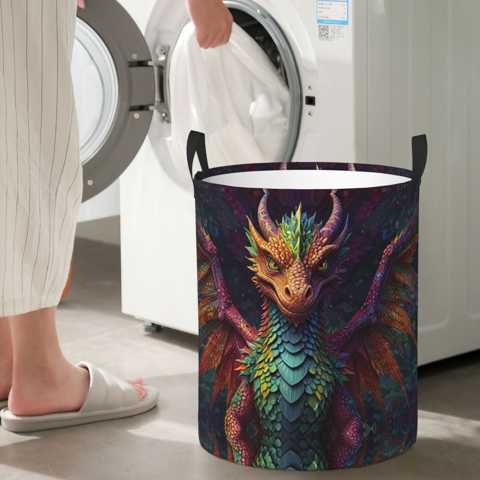 Large Laundry Basket with Handles - Whimsical Dragon Color Cool Kids Baby Dirty Clothes Laundry Hamper for Bedroom Aesthetic