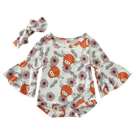 

Girls Thanksgiving Outfit Girls Outfits Size 7/8 Toddler Girls Winter Long Sleeve Cartoon Cow Flower Prints Romper Bodysuit With Headband 2PCS Outfits Clothes Set First Valentines Day Baby Girl Outfit