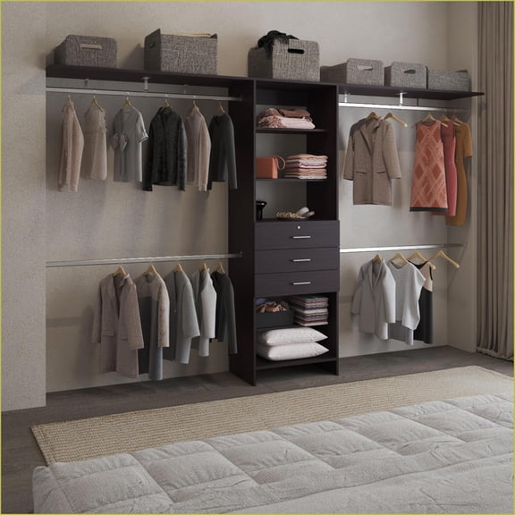 Closet Systems Adjustable 69-118"W with 4 Hanging Rods, 5 Shelves, 3 Drawers | Black Wengue | MDF