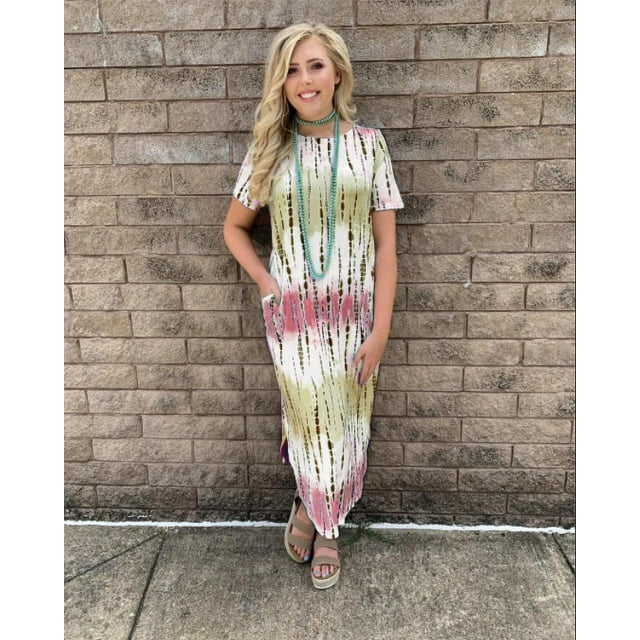 Nouvelle Robe Ample Imprimée pour Femmes, Col Rond, Manches Courtes, Dégradé Teinture sur Nœuds, Style Tribal Décontracté