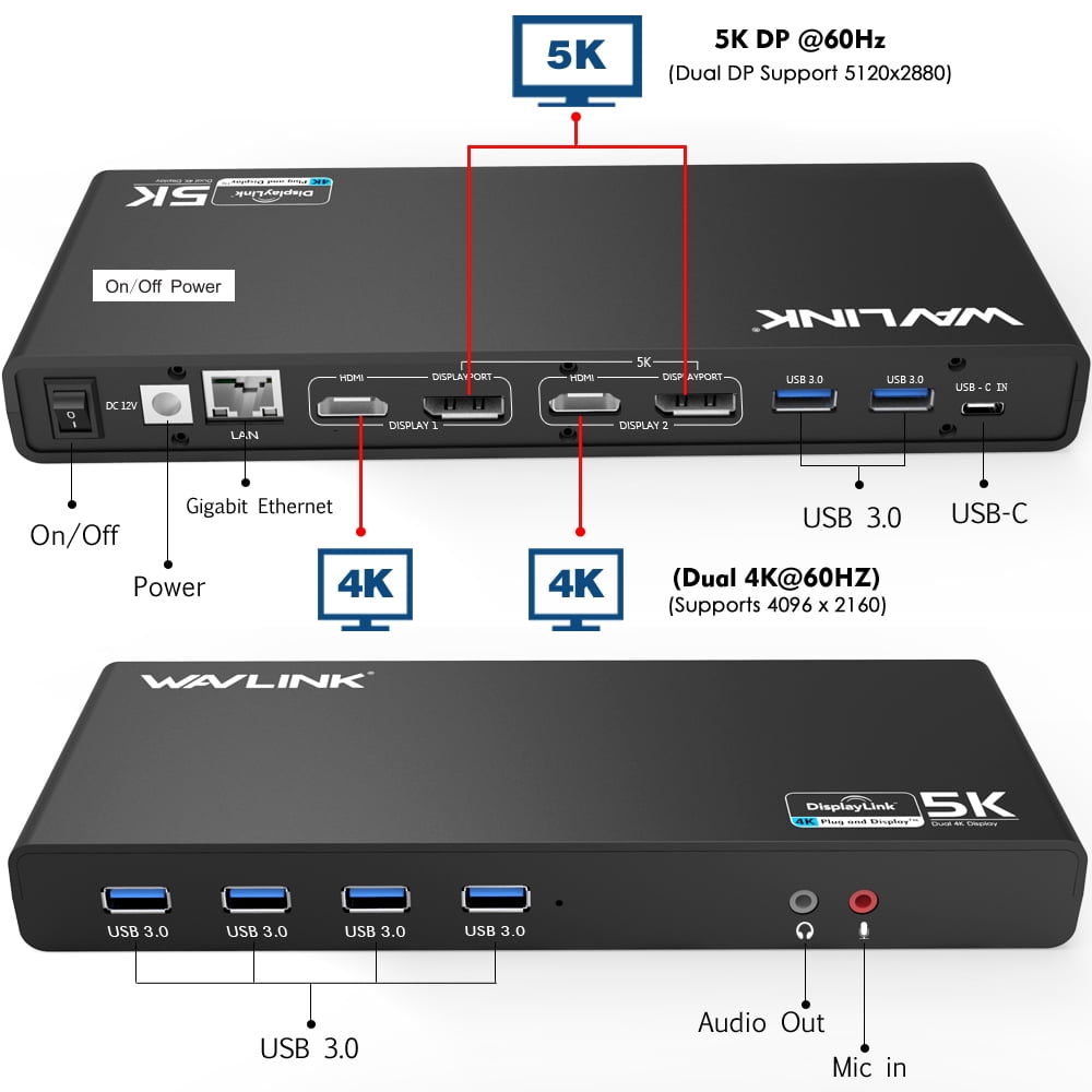 WAVLINK USB 3.0 Universal Laptop Docking Station for MacBook Neo,USB C to 5K/ Dual 4K @60Hz Video Outputs Dual Monitor for Windows and Mac,(2 HDMI & 2 DP, Gigabit Ethernet, 6 USB 3.0,Audio )