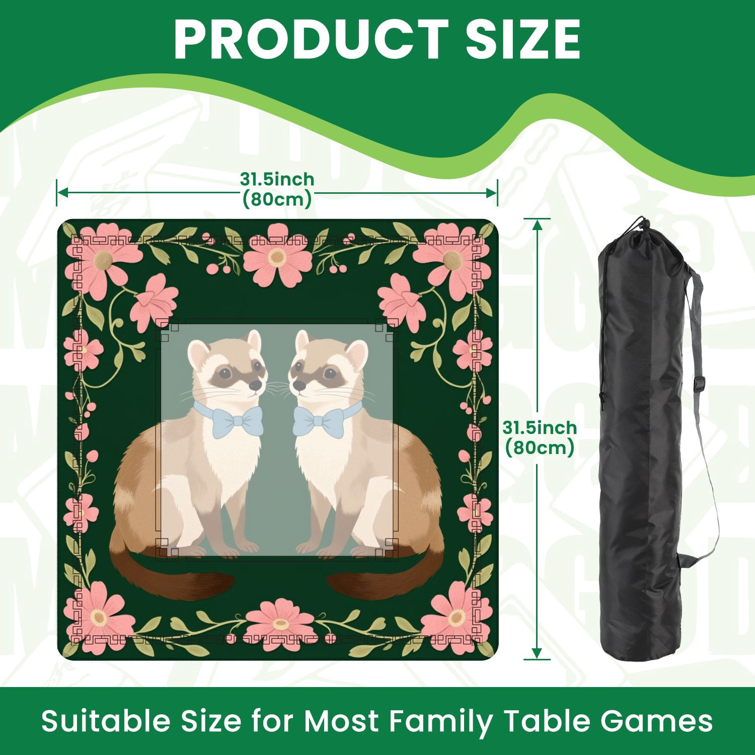 Mahjong Mat 31.5" x 31.5" Two Ferrets Blue Bows Surrounded by Pink Flowers Green Non-Slip Noise Reduction American Mahjong Tiles Table Cover for Dominoes Poker Card Board Games Gift