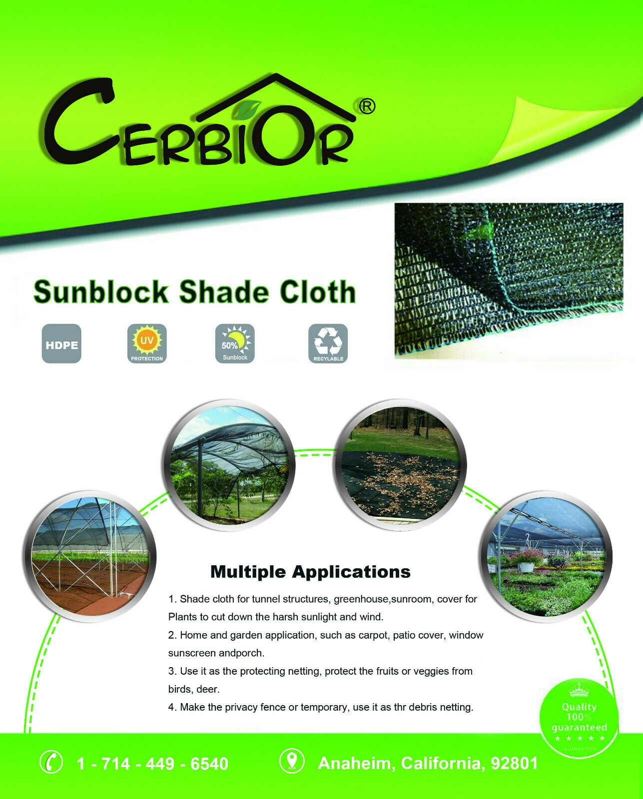 Cerbior 50% UV Block Shade Cloth Sun Shade Plant Cover Greenhouse 10 x 100 ft(3x30m), Black