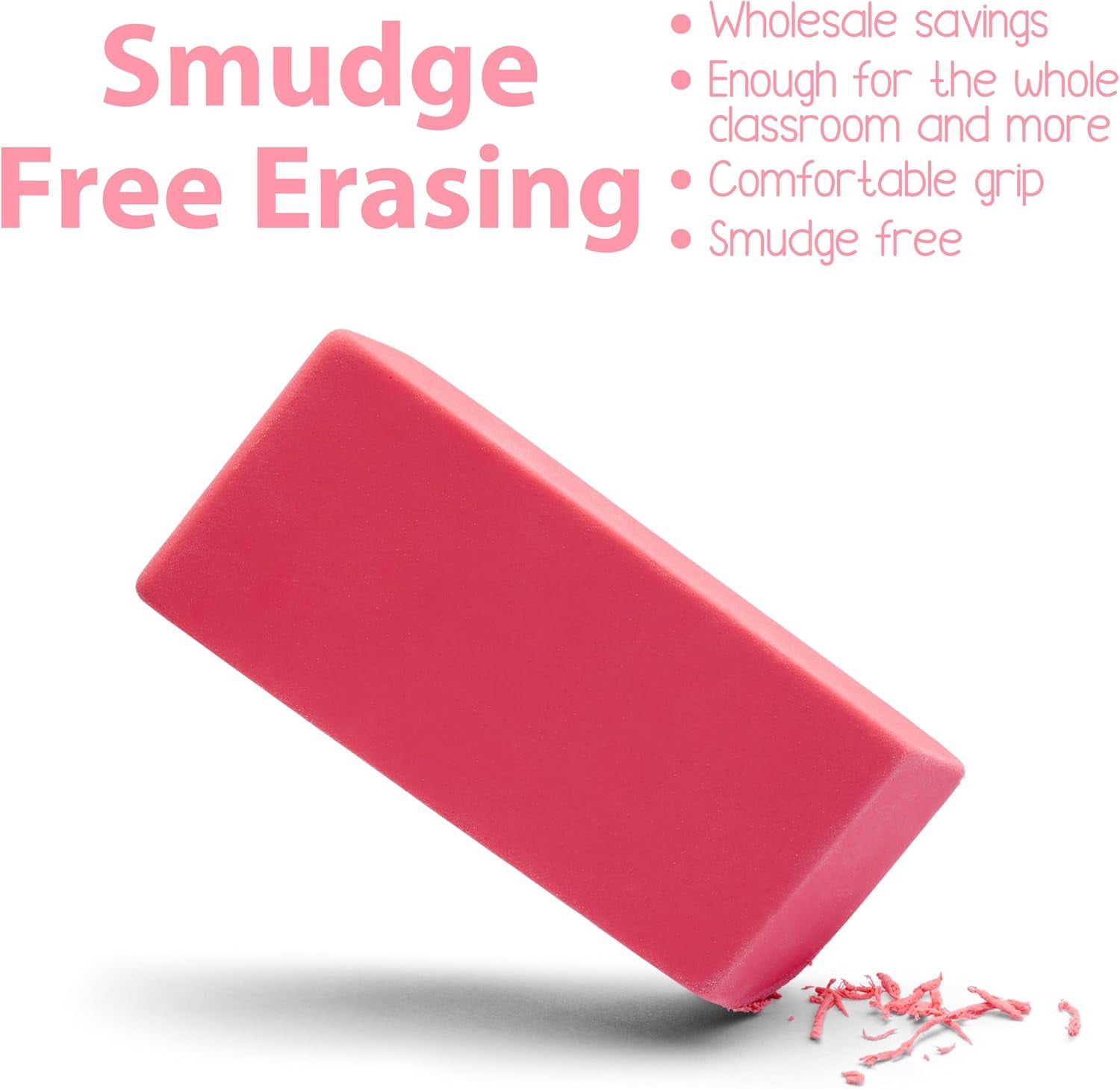 E-Clips USA Pink Pencil Erasers, Sturdy Smudge Free Large Erasers, 500-Pack