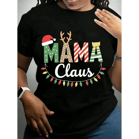 Women's Christmas T-Shirt - Mama Claus Holiday Top With Red & Green Lights - Dark Background Crew Neck Tee - Medium Stretch Casual Shirt For Christmas Parties & Family Gatherings - Machine Washab