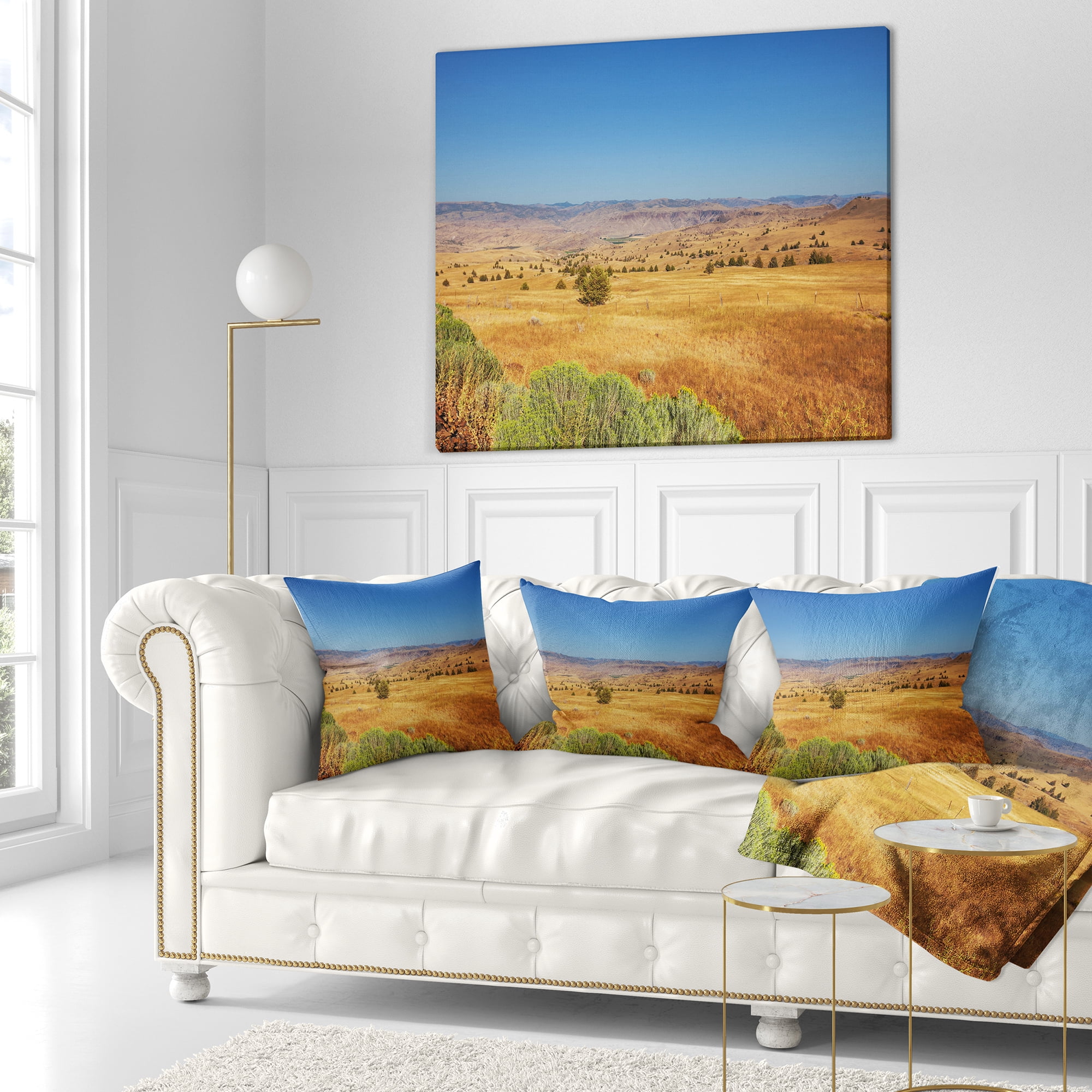 Designart Prairie with Bright Blue Sky - Landscape Printed Throw Pillow - 16x16