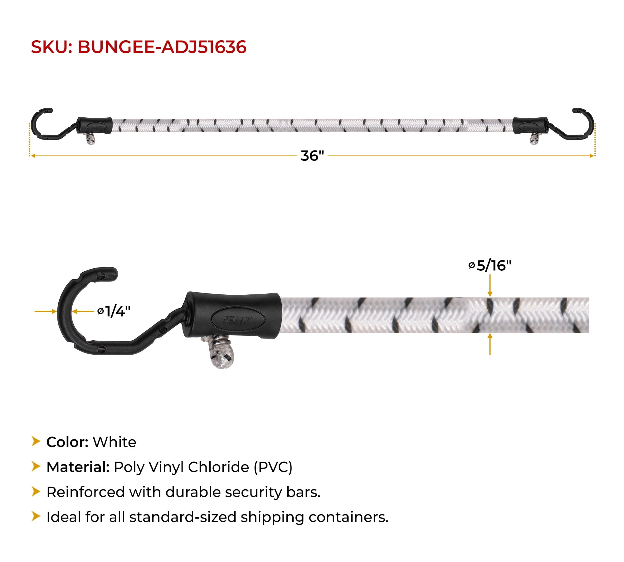 (50 Pcs) 36” Heavy Duty Adjustable Bungee Cords with hook - Polypropylene (PP) Bungee Cords for Outdoor Camping, Household - Extendable upto 54 inches