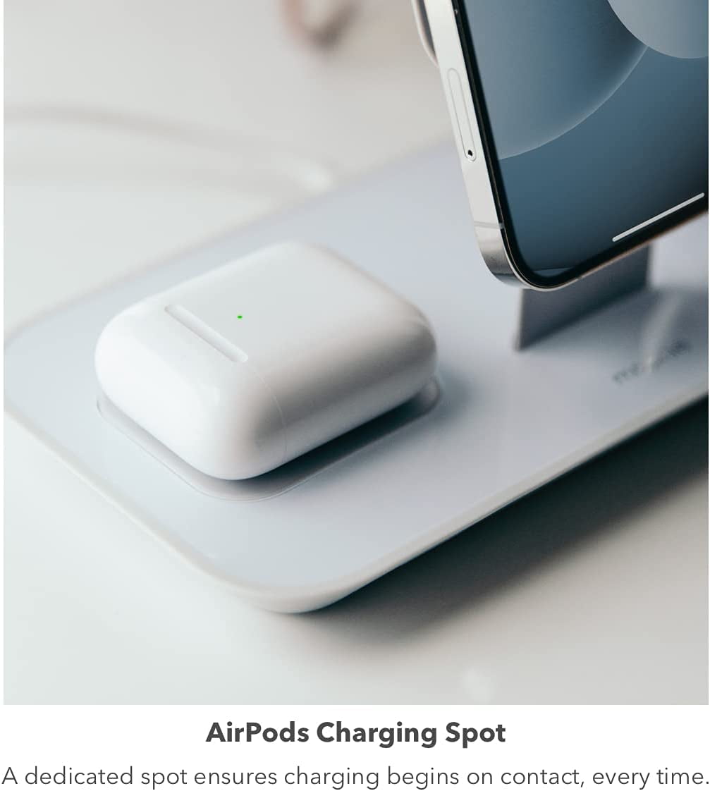 mophie 3-in-1 Magsafe Wireless Charging Stand for Apple iPhone AirPods/AirPods Pro & Watch 15W Super-Fast Charging Stylish Gloss Finish - White (MagSafe charger not included)