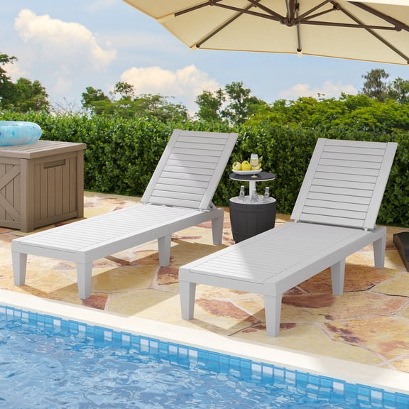 Dextrus 2 Pcs Outdoor Lounge Chairs, Sturdy Chaise Loungers with Adjustable Backrest for Patio & Poolside, Easy Assembly, Waterproof & Lightweight, Supports up to 265lbs (Grayish-White)