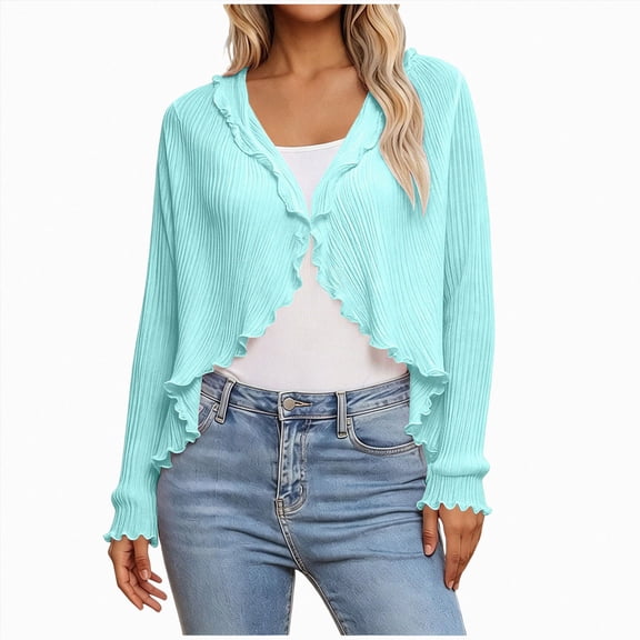 enyan Women's Long Sleeve Cardigan Sweaters Open Front Cropped Bolero Shrugs for Dresses(Blue,One Size)