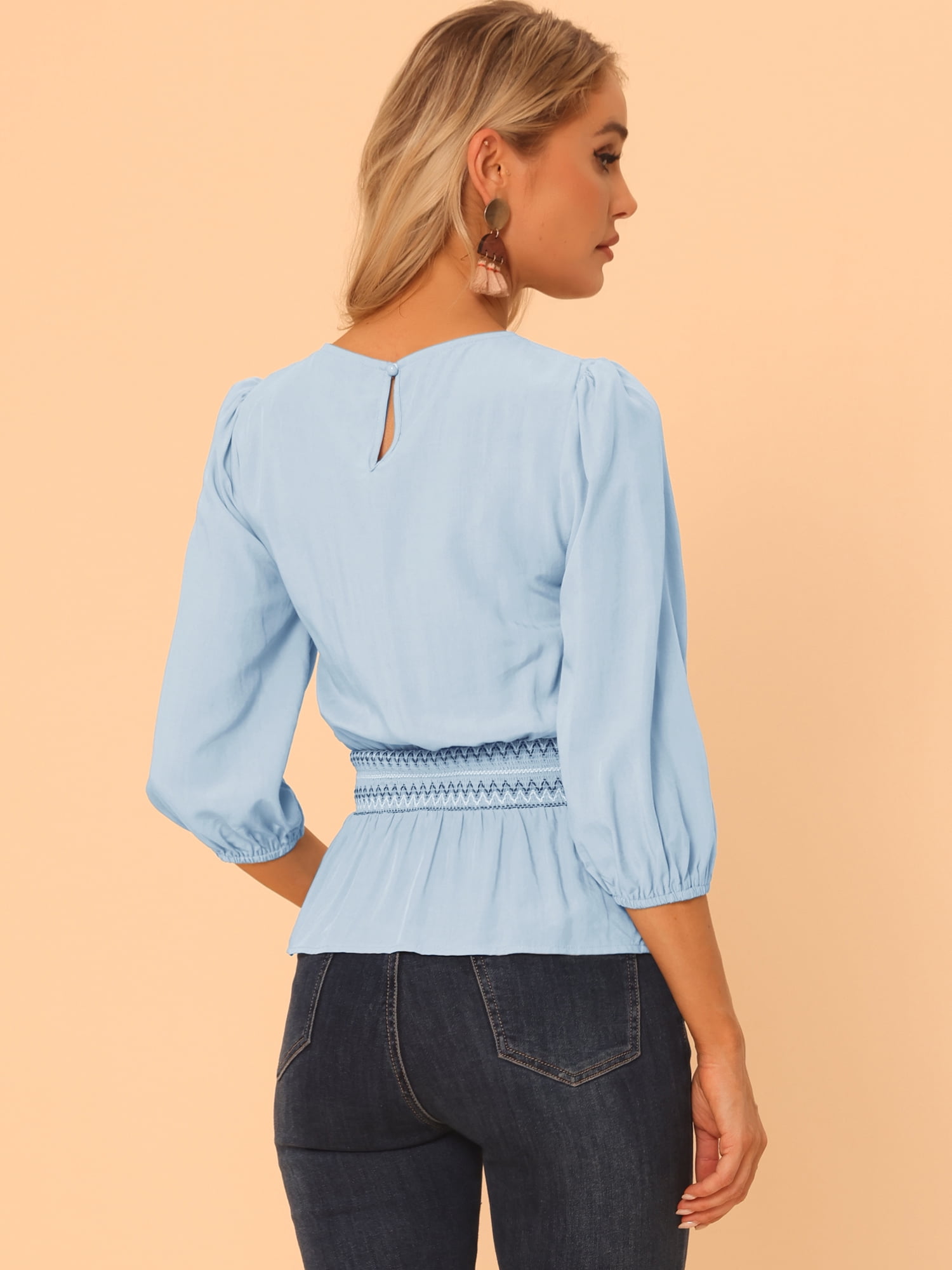 DARING DIVA Peplum Top Puff Smocked Waist Blouse XL Blue