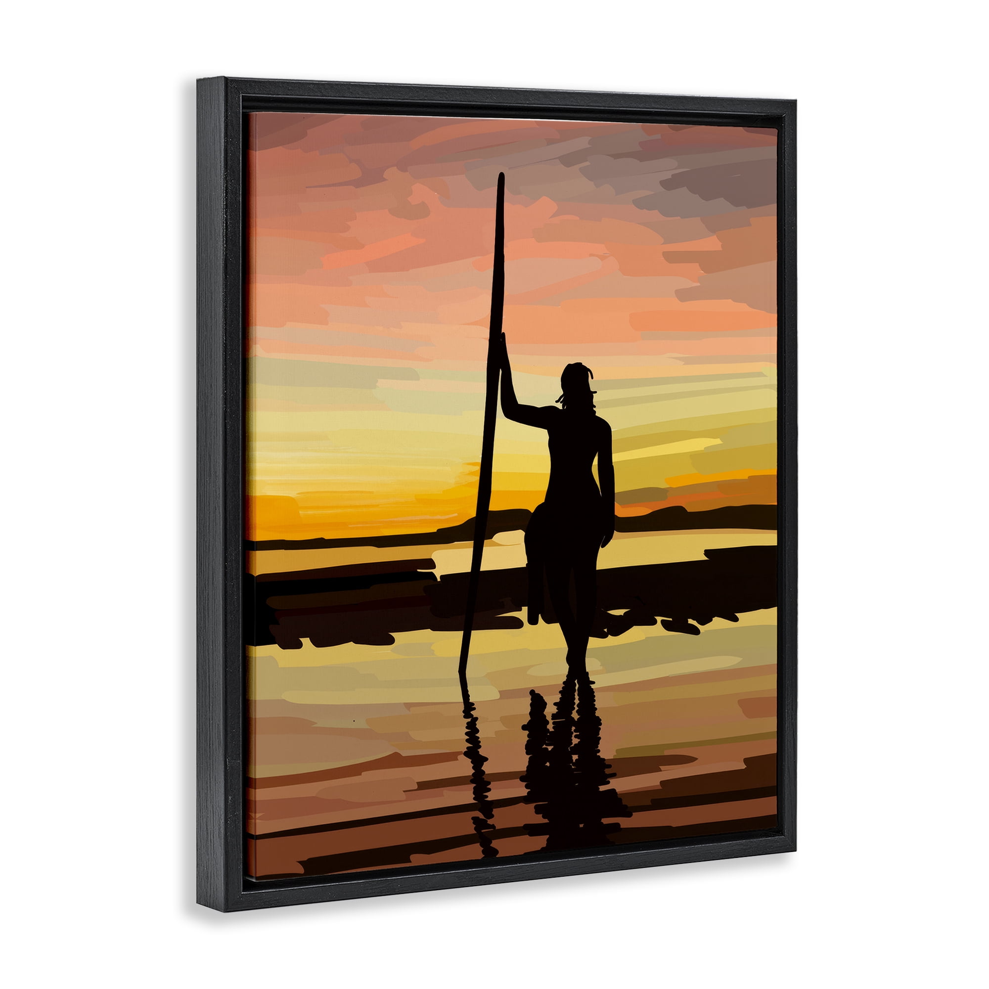 Stupell Industries Sunset Surfer Silhouette Nautical & Beach Painting Black Floater Framed Canvas Art Print Wall Art, 17 x 21