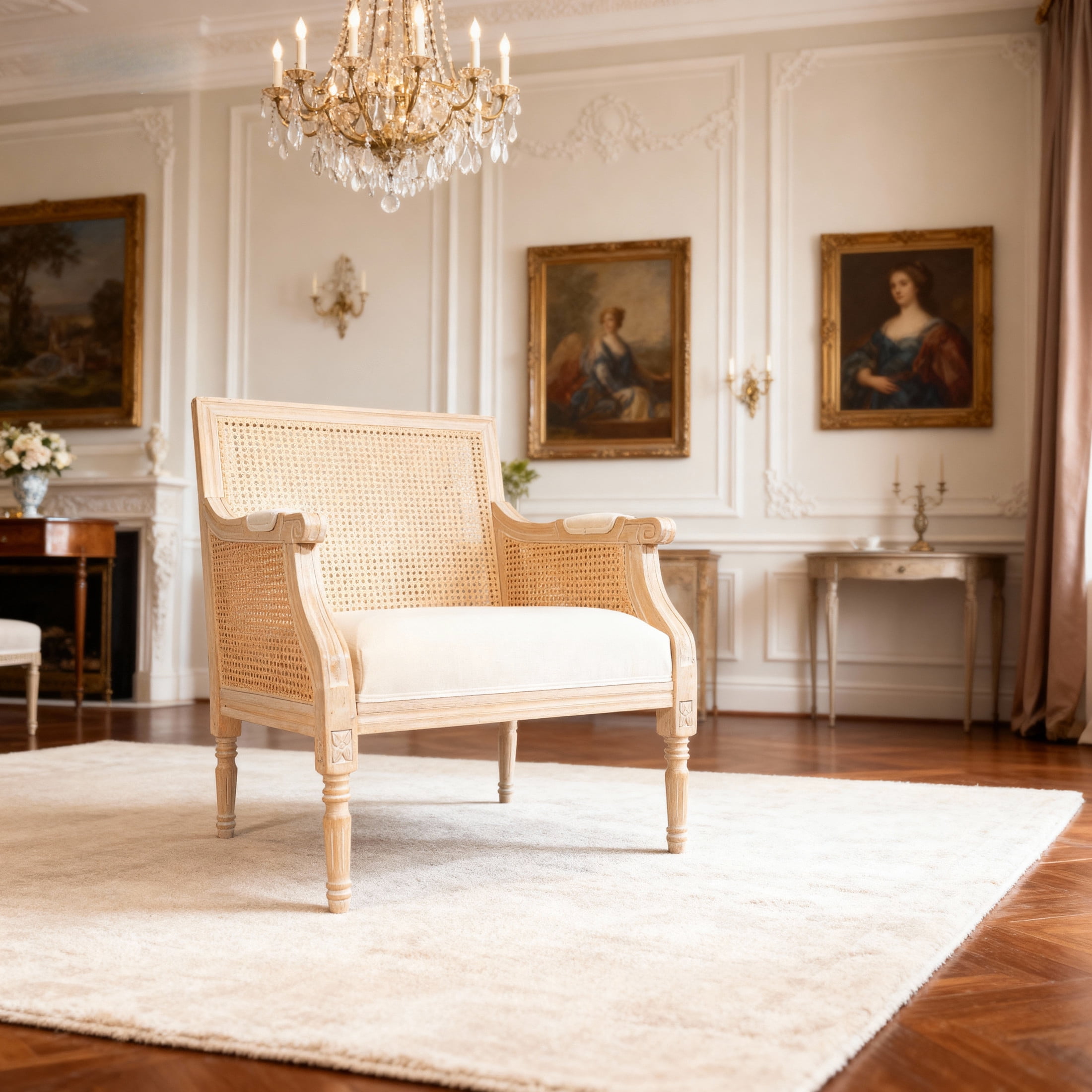 Noble House French Country Upholstered Accent Armchair with Vintage Rattan Back and Solid Rubber Wood Frame, Beige