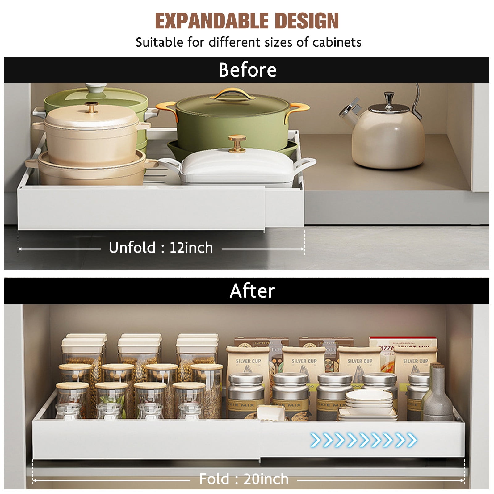 Expandable Pull-Out Cabinet Organizer with Adhesive Nano Film Fixed Slide out Drawers Under Sink Pull-Out Home Organizers Adjustable Length 12.5"-20.5" for Kitchen Cabinets(White)