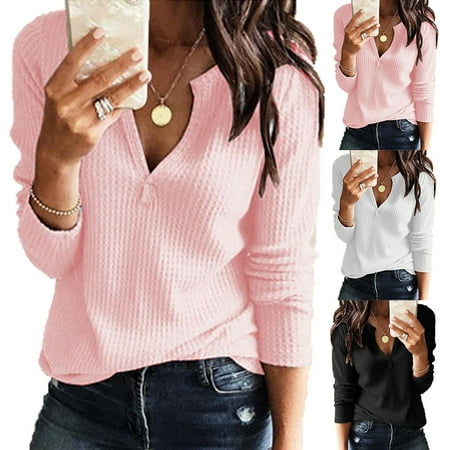 

Taluosi Fashion Women V Neck Solid Color Long Sleeves Loose Casual Top T Shirt Blouse