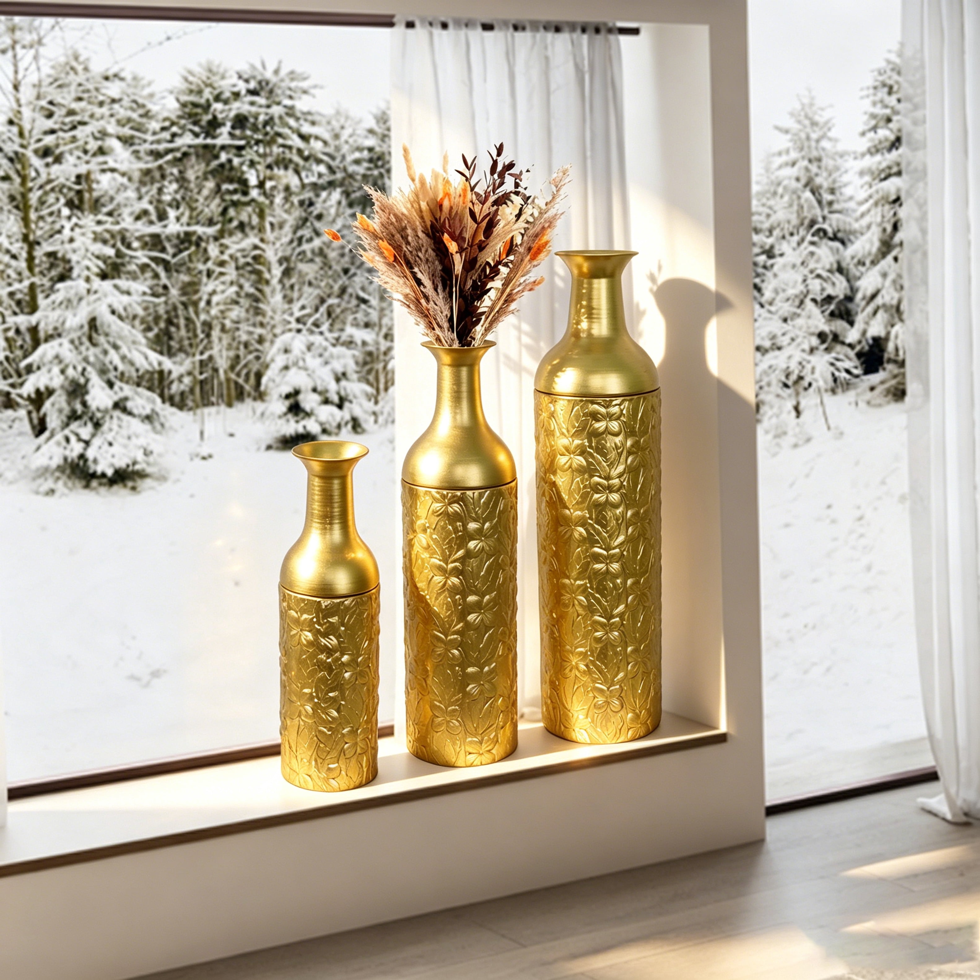 Metal Floor Vases Set of 3 with Leaf Pattern, Tall Decorative Vases and Home Decor Accents for Living Room Entryway, Gold