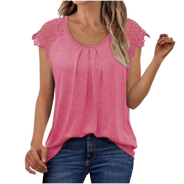 Camisas de Manga Larga de Mujer Encaje Plisado Casual Blusa de Manga Corta, Top de Poliéster Suave para Fiesta, Viajes Y Uso Diario de Estilo Callejero