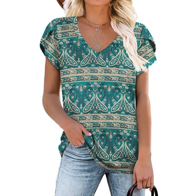 Camiseta con cuello en V para mujer, mangas cortas de pétalos, blusas informales estampadas holgadas para verano, estampado verde L