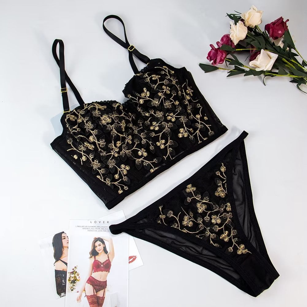 Women Lingerie Set Flower Embroidery Bralette and Panty Set Removable Chest Pad Underwear